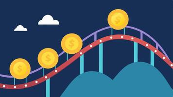 Market Volatility An image of a rollercoaster track with digital coins riding along it representing the ups and downs of cryptocurrency prices in a trading environment.. vector