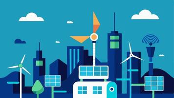 Future Vision of Energy A futuristic cityscape with advanced wind turbines and solar fields linked through a hightech smart grid symbolizing an ideal ecosystem of renewable energy. vector