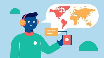 Cultural Exchange A friendly AI guide presenting cultural facts next to a map highlighting the connection between language and culture for a richer learning experience.. vector