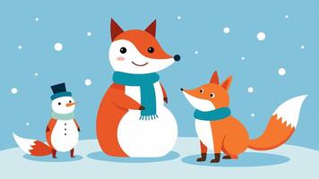 Final Touches A scene where two foxes stand proudly next to their almostfinished snowman. One fox is adjusting a hat on the snowmans head while the other sprinkles some twigs to. vector