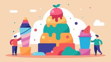 Ice Cream Sculptures A surreal scene of towering sculptures made entirely of different ice cream flavors and toppings resembling famous monuments. People gather around taking. vector