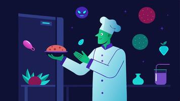 Intergalactic Ingredients The chef is examining unusual extraterrestrial ingredients in a futuristic refrigerator. The fridge is illuminated from within showcasing glowing. vector