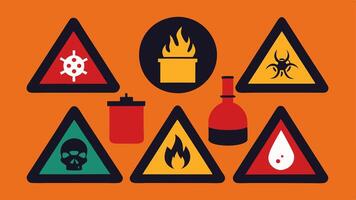 Warning Labels A series of illustrated warning labels similar to ones seen on hazardous materials but instead they depict various viral challenges e.g. fire heights water with. vector