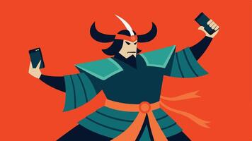 Samurai in Action A dynamic illustration of a samurai in full armor striking a powerful pose but instead of drawing his sword he holds a smartphone aloft as if capturing a moment.. vector