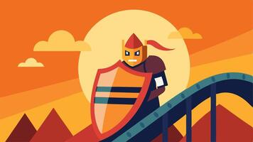 Knights Shield Raised In this illustration the knight is gripping the safety bar of the roller coaster while holding his shield up as if preparing for battle. The coaster is. vector