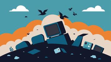 Landfill of Tech A scene portraying a vast landfill filled with broken electronics such as TVs computers and cables under a cloudy sky with birds flying overhead.. vector