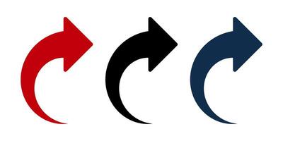 Curved right arrow icons set. Red, black, and blue directional arrows for navigation, forward movement, redo or repeat action. Simple design for UI, web, and app interfaces. vector
