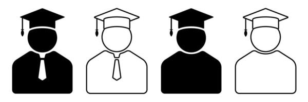 Graduation icon set with graduate avatars in cap and gown. Editable Stroke. Flat and outline student symbols for education, learning, success, university, and achievement themes. vector