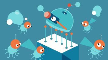 Nanobot Swarms A swarm of tiny nanobots collectively repairing a larger damaged surface illustrating teamwork in a hightech medical environment.. vector