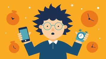 Overwhelmed by Time An illustration of a character with messy hair and glasses holding their phone in one hand and clutching their head with the other. Alarm clocks each with a. vector