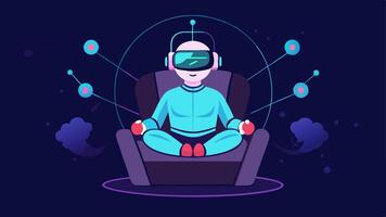 Neural Network Gaming A player sits in a futuristic gaming chair fully engaged in a VR mode. Glowing neural paths show how their thoughts control characters and gameplay with. vector