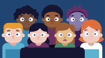 Kids Watching TV A group of diverse children watching TV with their eyes wide and disappointed as they see only one character of their ethnicity a a cast of white characters.. vector