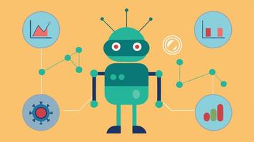 Monitoring Health A nanobot collecting data from surrounding cells surrounded by visual graphs and data readouts to represent its analysis capability.. vector