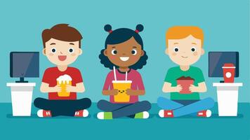 Inactive Children A group of children playing games indoors with fast food and soda tered around ing the shift from outdoor play to sedentary behavior.. vector