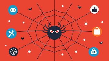 Web of Lies A spider web with various social media icons caught in it and small flies symbolizing people being ped by the misinformation spread.. vector