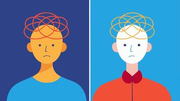 Before and After Therapy Two sidebyside illustrations of the same personone looking overwhelmed with tangled thoughts and the other looking calm and centered representing the. vector