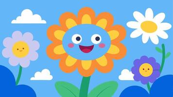 Flower Power A cheerful character with a daisyshaped head filled with joy has big sparkling eyes and a wide grin. They are surrounded by a lush garden of colorful flowers each. vector