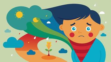 Tornado of Emotions A child being swept up by a colorful tornado made of various emotional symbols fear worry sadness mixed with depictions of climate change elements like smoke. vector