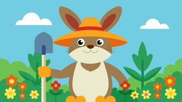Gardening Rabbit A cheerful rabbit kneels in a garden wearing a widebrimmed straw hat and gardening gloves. The rabbit holds a small spade in one paw and is surrounded by colorful. vector