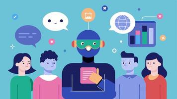 Multilingual AI Assistant An AI assistant interacting with people of different backgrounds showcasing the analysis of diverse consumer data and delivering insights visually. vector