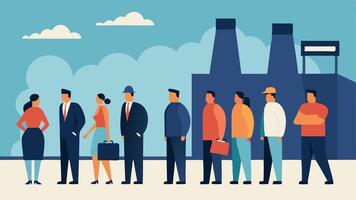 Job Market A job fair scene with welldressed people lining up for lucrative positions contrasted with a smaller crowd standing hopelessly outside a factory with Closed signs.. vector