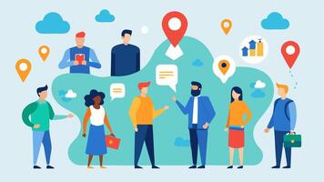 Map Planning A group of individuals gathered around a large map discussing routes and destinations with icons ing different professions and opportunities tered around.. vector