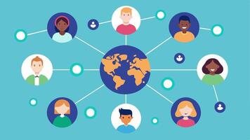 Network of People Diverse people connecting over the internet with lines representing communication and translation tools highlighted in the center depicting global connectivity.. vector