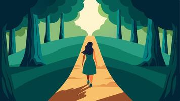 Journey to Freedom A path leading through a forest with a woman walking confidently down the trail. The sunlight filters through the trees symbolizing the journey toward safety and. vector