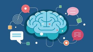 Zooming Brain A brain made up of circuit patterns surrounded by floating devices with thought bubbles showing tered fragmented attention snippets like texting scrolling and gaming.. vector