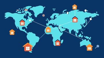 Global Connection Map with Properties A world map with house icons connected by blockchain lines showing global real estate transactions secured by blockchain.. vector