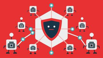 Network of Bots A chaotic network of smaller robot icons interconnected by red lines depicting an army of AI bots collaborating in a cyberattack overwhelming a weak server. vector