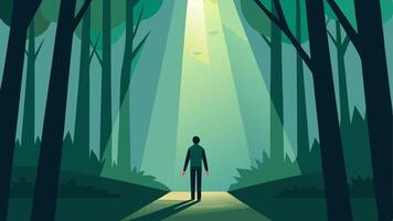Connecting with Nature An illustration of someone walking through trees with sunlight filtering through the leaves. This symbolizes the healing power of nature during the grieving. vector