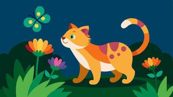 Garden Setting In a vibrant garden filled with colorful flowers and lush grass a small calico cat is playfully batting at a butterfly. The vibrant colors of the flowers contrast. vector