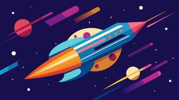 Intergalactic Traveler A stylized spaceship designed for warp travel showcasing sleek lines and glowing engines zooming through a starfilled expanse with vivid colors of a nebula. vector