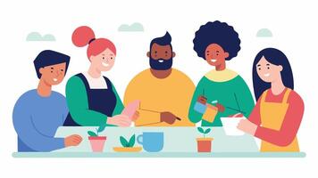 Crafting Connection A group of diverse individuals engaged in a collaborative crafting session creating handmade items together while laughing and sharing stories emphasizing. vector