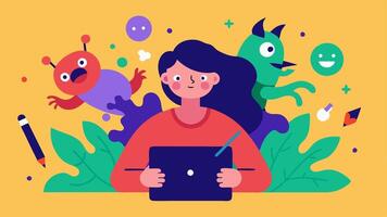 Digital Creativity An individual with a tablet drawing digital art with a stylus surrounded by a burst of colors and imaginative creatures showcasing how technology enhances. vector