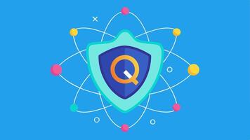 Noise Resiliency An illustration of a qubit surrounded by chaotic shapes representing noise yet held steady by a protective shield symbolizing the resilience of quantum states. vector