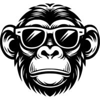 Tattoo of carefree monkey in sunglasses beach head in monochrome. Monkey in tinted glasses. Engraving minimalistic image in black ink drawing on white background vector