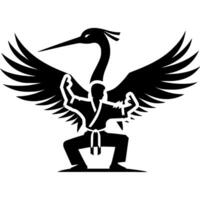 Sport silhouette of kung fu athlete representative of the crane style school in monochrome. Engraving minimalistic image in black ink drawing on white background vector