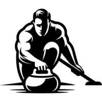 Sport emblem of curler athlete confidently pushes marble stone in front of him for playing curling in monochrome. Engraving minimalistic image in black ink drawing on white background vector