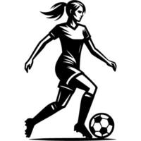 Sport emblem of female soccer player runs and dribbles ball in front of her in monochrome. Engraving minimalistic image in black ink drawing on white background vector