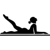 Sport emblem of girl gymnast stretching while lying on a training mat before start of competition in monochrome. Engraving minimalistic image in black ink drawing on white background vector