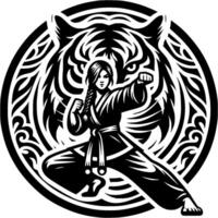 Sport emblem of kung fur girl imitates tiger style in fight in monochrome. Engraving minimalistic image in black ink drawing on white background vector