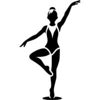 Sport emblem of girl gymnast stands in balance on one leg gracefully with her arm extended upwards in monochrome. Engraving minimalistic image in black ink drawing on white background vector