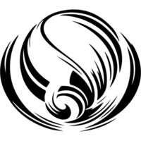 Sport emblem of abstract round sports ball surrounded by air currents in monochrome. Engraving minimalistic image in black ink drawing on white background vector