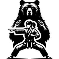 Sport emblem of female kung fu fighter in bear style fighting stance in monochrome. Engraving minimalistic image in black ink drawing on white background vector