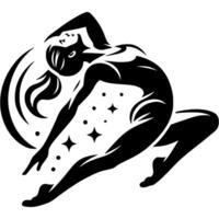 Sport emblem of girl gymnast about graceful bending in free dance program in monochrome. Engraving minimalistic image in black ink drawing on white background vector