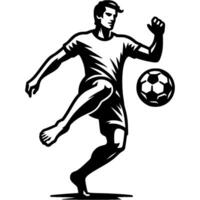Tattoo emblem of barefoot beach soccer player kicks flying ball with his bare foot in powerful backswing in monochrome. Engraving minimalistic image in black ink drawing on white background vector