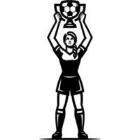 Sport emblem of female football player victoriously raised soccer trophy above her head in monochrome. Engraving minimalistic image in black ink drawing on white background vector