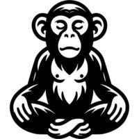 Tattoo of chimpanzee sits in a relaxed pose in monochrome. Meditating monkey in zen pose. Engraving minimalistic image in black ink drawing on white background vector